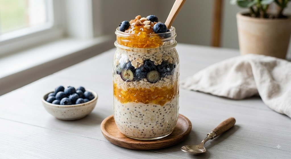 Yến mạch ngâm qua đêm giàu chất xơ, protein và chất béo lành mạnh hỗ trợ giảm cân tốt.