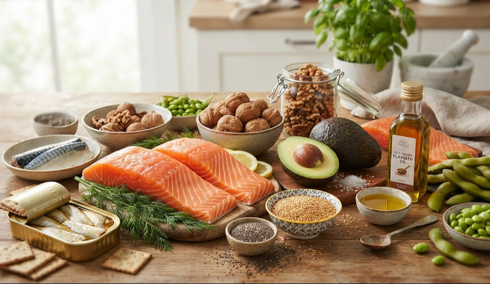 Thực phẩm giàu omega-3 nên bổ sung vào chế độ ăn. Ảnh minh hoạ AI.
