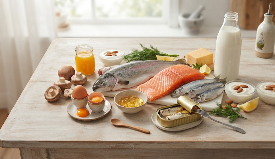Thực phẩm giàu vitamin D. Ảnh minh họa AI.
